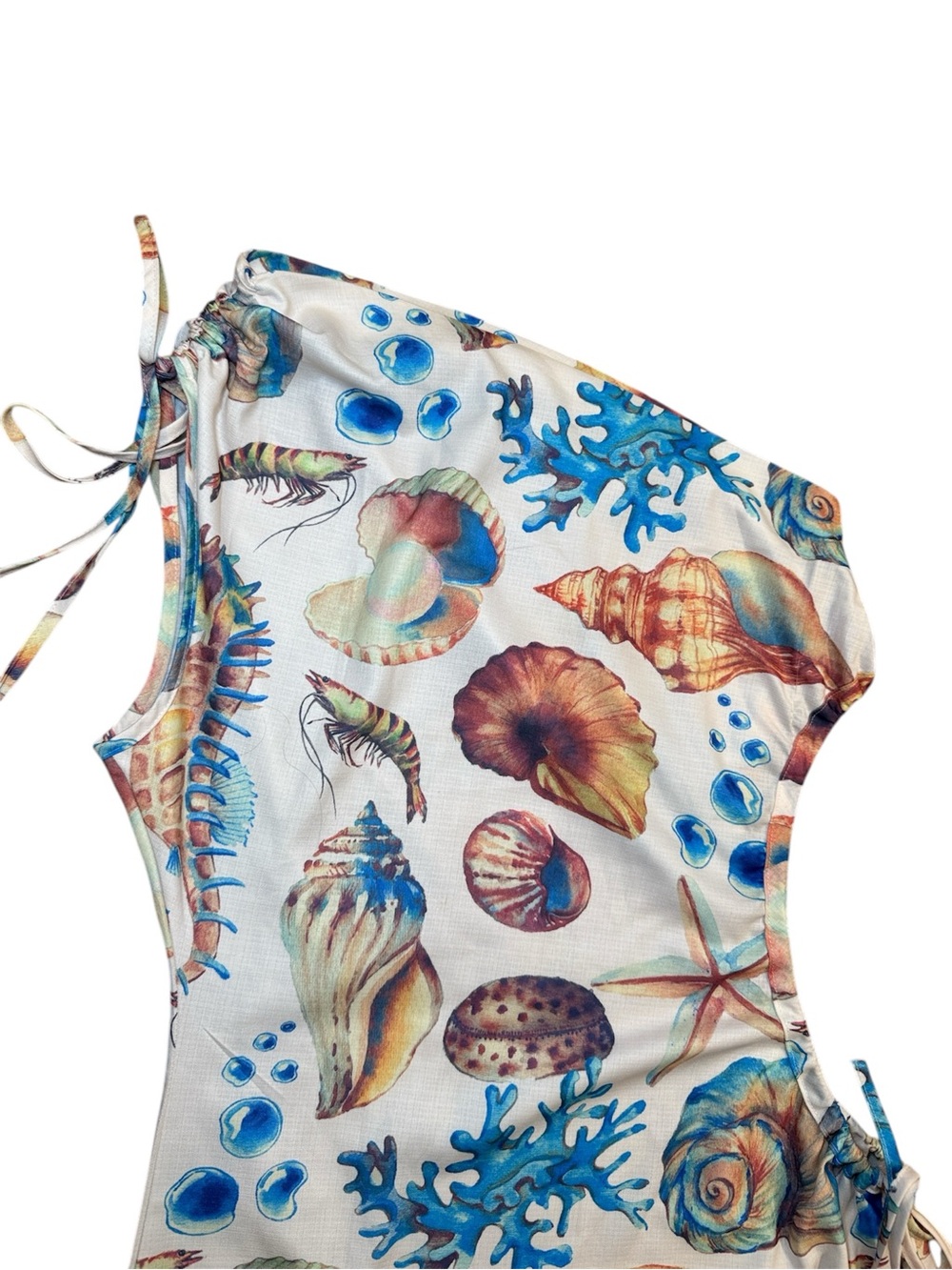 Seashell Print One Shoulder Maxi Dress Lace Up Slit Resort Vacation Size M - Picture 3 of 4